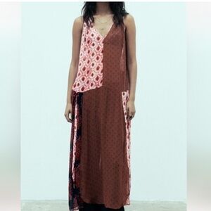 NWOT Zara Asymmetrical Dress in Brown and Pink L
